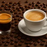 Ein Glas Espresso und eine Tasse mit cremigem café crema, umgeben von gerösteten Kaffeebohnen.