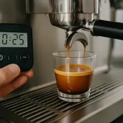 Ein Espresso läuft in ein Glas, während ein Timer 0:25 anzeigt. Perfekt für den perfekten Espresso.