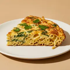 Ein Stück Frittata di Pasta mit Spinat und Nudeln, garniert mit Petersilie, auf einem weißen Teller.