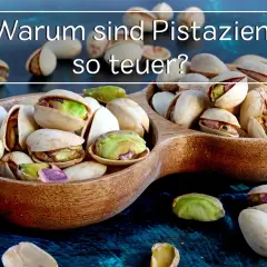 Ein Holzlöffel voller Pistazien fragt: "Warum sind Pistazien so teuer?" Die grünen Kerne sind ein Genuss, aber ihre Ernte ist aufwendig.