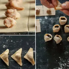 Schritt-für-Schritt-Anleitung zur Herstellung von Tortellini in Brodo: Teig mit Füllung, Formen und fertige Teigtaschen.