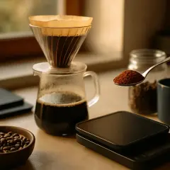 Eine Hand hält einen Löffel mit gemahlenem Kaffee, bereit für die Zubereitung von Filterkaffee. Daneben stehen Kaffeebohnen, eine Kanne mit gebrühtem Kaffee und eine Tasse.