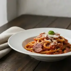 Ein Teller Spaghetti all'Amatriciana, garniert mit Parmesan und Basilikum, auf einem Holztisch.