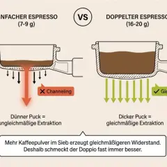 Vergleich: Einfacher Espresso (dünner Puck, Channeling) vs. doppelter Espresso (dicker Puck, gleichmäßige Extraktion). Mehr Pulver für besseren Geschmack.