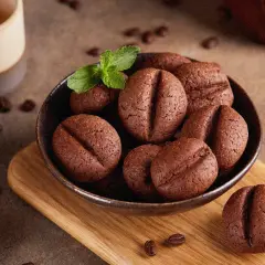 Schokoladenkekse in Form von Kaffeebohnen, garniert mit Minze, serviert mit einer Tasse Kaffee. Perfekte kekse zum kaffee.