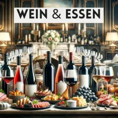 Festlich gedeckter Tisch mit verschiedenen Speisen und einer Auswahl an italienischer Weinsorte.