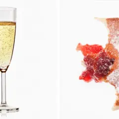 Glas Sekt und ein angebissener Krapfen mit Marmelade. Wie viel Kalorien hat ein Glas Sekt?