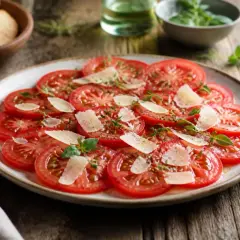 Tomaten Carpaccio mit Parmesan und frischen Kräutern, serviert auf einem Teller mit Brot und Sauce im Hintergrund.