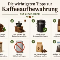 Tipps zur Kaffeeaufbewahrung: ganze Bohne kaufen, frisch mahlen, luftdicht lagern, Originalverpackung nutzen, nicht kühlen, kleine Mengen kaufen, größere Vorräte portionsweise einfrieren.