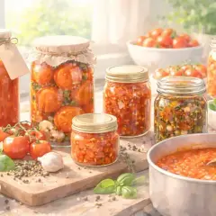Frische Tomaten, Knoblauch und Kräuter für das Einkochen von Tomaten. Gläser mit eingelegten Tomaten und eine Schüssel mit Tomatensoße.