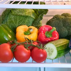 Bunte Paprika, Tomaten, Gurke, Kohl und Brokkoli lagern im Kühlschrank.