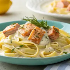Lachs mit Tagliatelle in cremiger Sauce, garniert mit Dill und Kräutern. Ein Genuss für Feinschmecker.