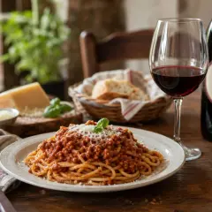 Ein Teller Spaghetti Bolognese mit geriebenem Parmesan, daneben ein Glas Rotwein und eine Flasche – die perfekte Antwort auf die Frage, welcher Wein zu Pasta passt.