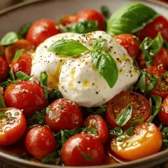 Burrata mit Kirschtomaten und Basilikum – eine köstliche Vorspeise, die Lust auf mehr macht. Perfekt für Burrata Rezepte.