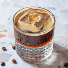 Erfrischender Espresso Tonic mit großem Eiswürfel und cremigem Schaum in einem Glas mit Rautenmuster. Kaffeebohnen liegen verstreut.