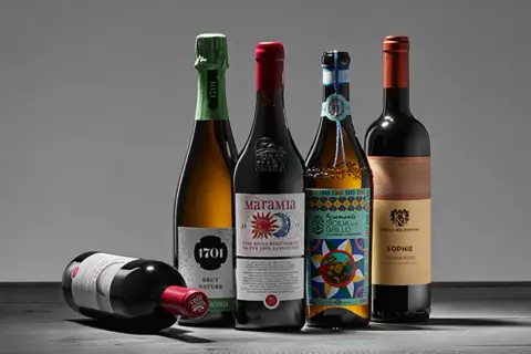 Fünf Flaschen Wein, darunter ein Sekt und vier Rotweine, stehen auf einem Tisch. Einer der Rotweine liegt. Ein Etikett weist auf biodynamischen Wein hin.