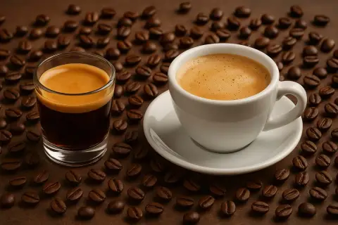 Ein Glas Espresso und eine Tasse mit cremigem café crema, umgeben von gerösteten Kaffeebohnen.
