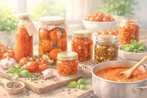 Frische Tomaten, Knoblauch und Kräuter für das Einkochen von Tomaten. Gläser mit eingelegten Tomaten und eine Schüssel mit Tomatensoße.