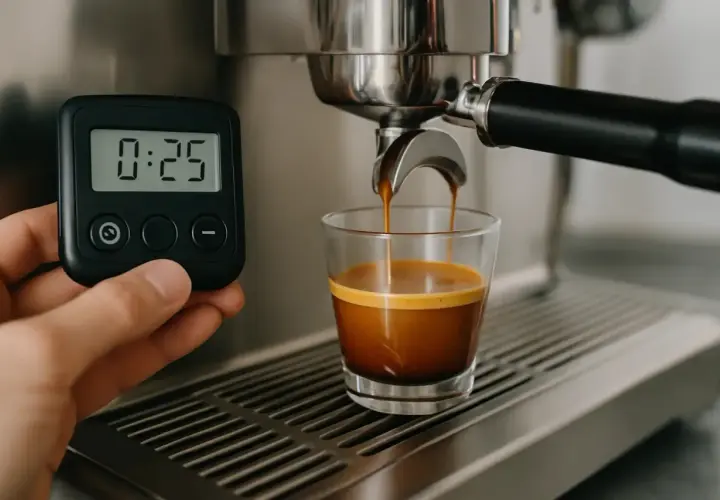 Ein Espresso läuft in ein Glas, während ein Timer 0:25 anzeigt. Perfekt für den perfekten Espresso.