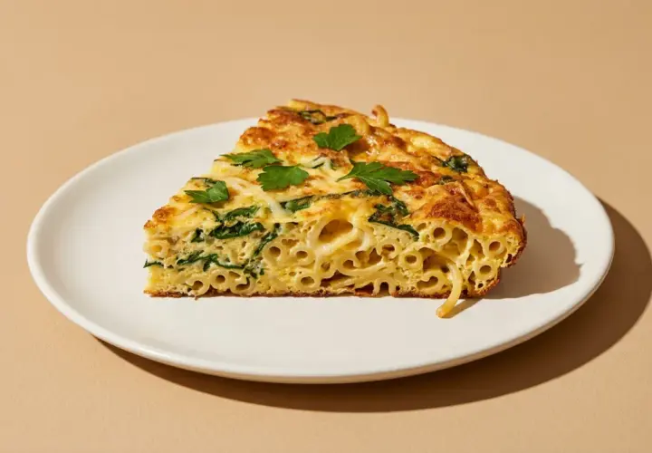 Ein Stück Frittata di Pasta mit Spinat und Nudeln, garniert mit Petersilie, auf einem weißen Teller.