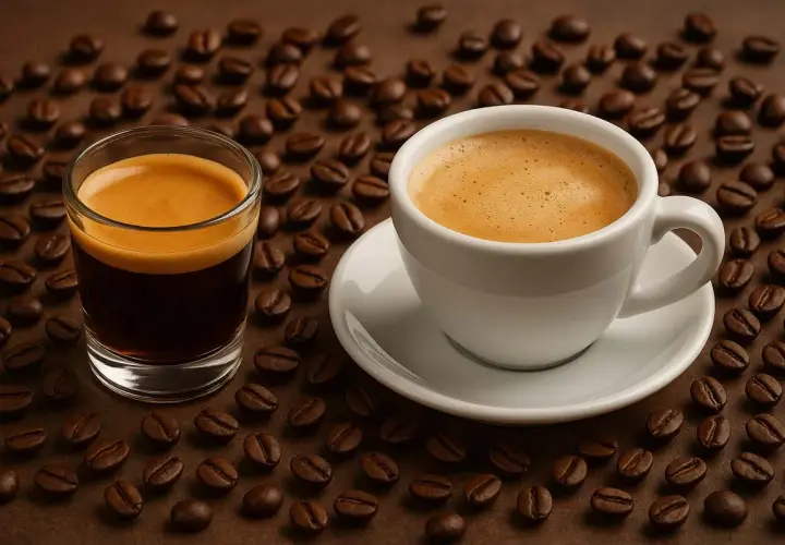 Ein Glas Espresso und eine Tasse mit cremigem café crema, umgeben von gerösteten Kaffeebohnen.