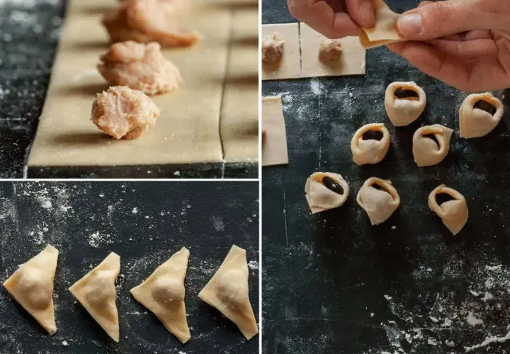Schritt-für-Schritt-Anleitung zur Herstellung von Tortellini in Brodo: Teig mit Füllung, Formen und fertige Teigtaschen.