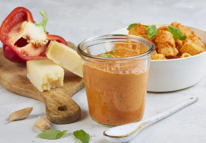 Ein Glas mit leuchtend rotem Paprika-Pesto steht neben einer Schüssel Pasta. Auf einem Holzbrett liegen eine halbe rote Paprika, Parmesankäse, Knoblauch und Basilikum.