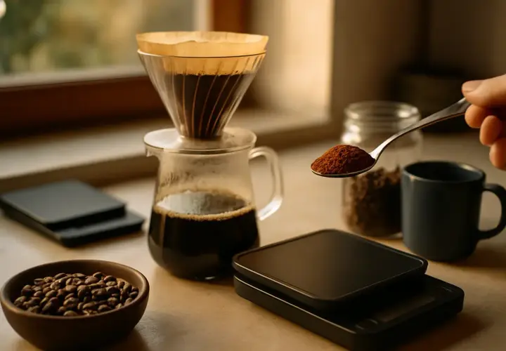 Eine Hand hält einen Löffel mit gemahlenem Kaffee, bereit für die Zubereitung von Filterkaffee. Daneben stehen Kaffeebohnen, eine Kanne mit gebrühtem Kaffee und eine Tasse.