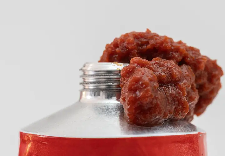 Tomatenmark quillt aus einer Tube. Die lange Tomatenmark haltbarkeit macht es zu einem praktischen Küchenhelfer.