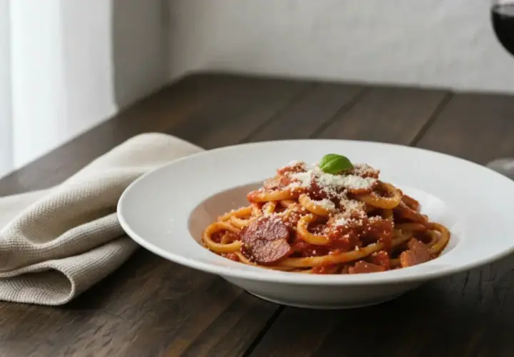 Ein Teller Spaghetti all'Amatriciana, garniert mit Parmesan und Basilikum, auf einem Holztisch.