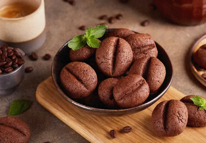 Schokoladenkekse in Form von Kaffeebohnen, garniert mit Minze, serviert mit einer Tasse Kaffee. Perfekte kekse zum kaffee.