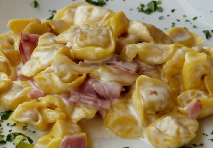 Cremige Tortellini mit Schinken in einer hellen Sauce, garniert mit Petersilie. Perfekt zum Tortellini einfrieren für später.