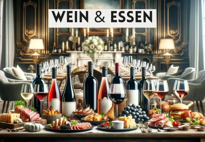 Festlich gedeckter Tisch mit verschiedenen Speisen und einer Auswahl an italienischer Weinsorte.