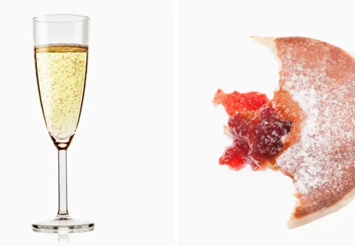 Glas Sekt und ein angebissener Krapfen mit Marmelade. Wie viel Kalorien hat ein Glas Sekt?