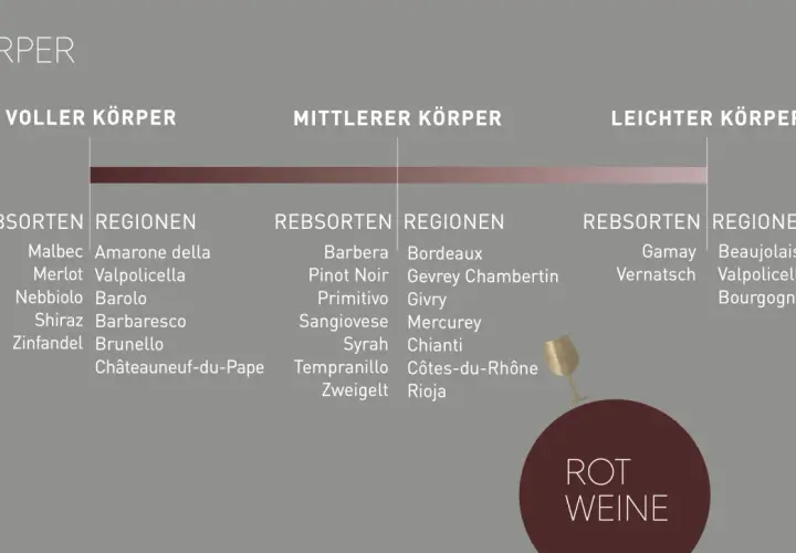 Wein-Körper-Schema: Voller Körper (Malbec, Amarone), mittlerer Körper (Barbera, Bordeaux), leichter Körper (Gamay, Beaujolais). Barrique-Wein-Stile sind hier nicht explizit aufgeführt.