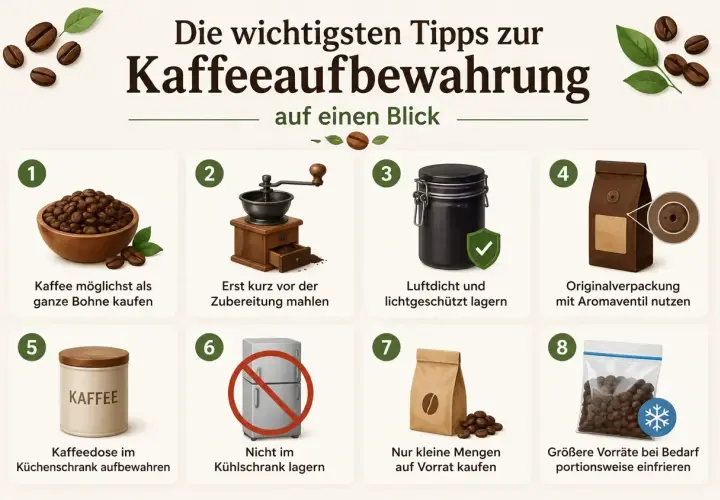 Tipps zur Kaffeeaufbewahrung: ganze Bohne kaufen, frisch mahlen, luftdicht lagern, Originalverpackung nutzen, nicht kühlen, kleine Mengen kaufen, größere Vorräte portionsweise einfrieren.