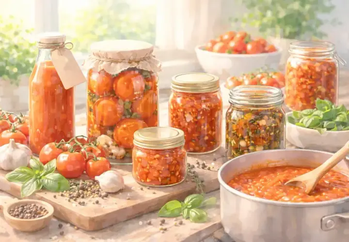 Frische Tomaten, Knoblauch und Kräuter für das Einkochen von Tomaten. Gläser mit eingelegten Tomaten und eine Schüssel mit Tomatensoße.