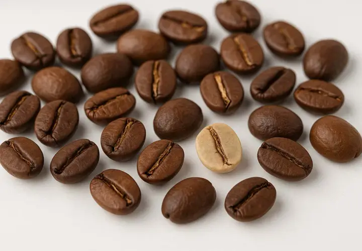 Ein **ausschuss bei kaffeebohnen**? Nein, nur eine helle Bohne inmitten vieler dunkler, gerösteter Kaffeebohnen auf weißem Grund.