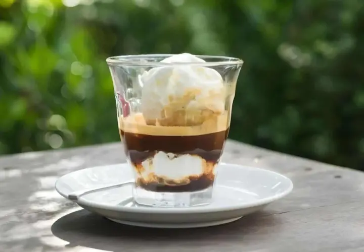 Ein Glas mit Espresso und Vanilleeis, das auf einem Tisch im Freien steht.