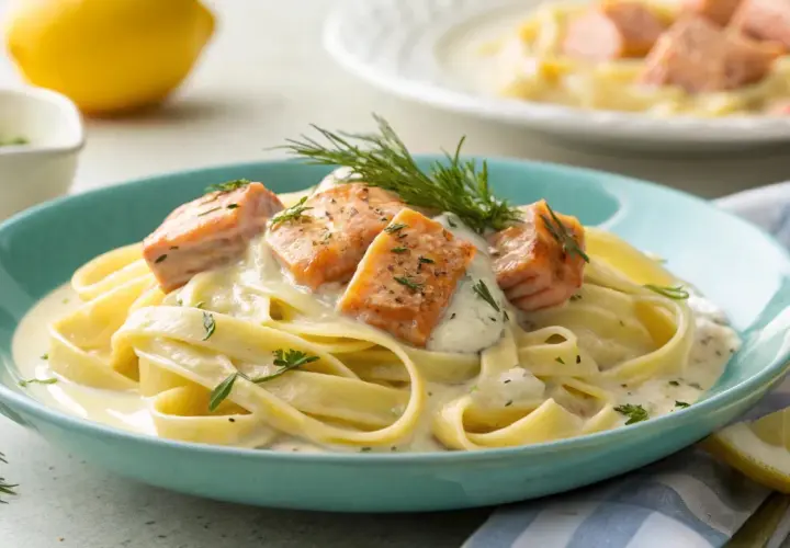 Lachs mit Tagliatelle in cremiger Sauce, garniert mit Dill und Kräutern. Ein Genuss für Feinschmecker.