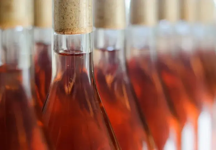 Reihe von Flaschen mit Roséwein, bereit für die Abfüllung. Die Herstellung von Roséwein ist ein sorgfältiger Prozess.