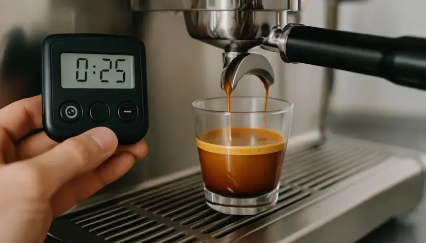 Ein Espresso läuft in ein Glas, während ein Timer 0:25 anzeigt. Perfekt für den perfekten Espresso.