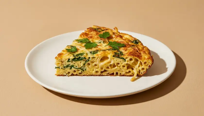 Ein Stück Frittata di Pasta mit Spinat und Nudeln, garniert mit Petersilie, auf einem weißen Teller.