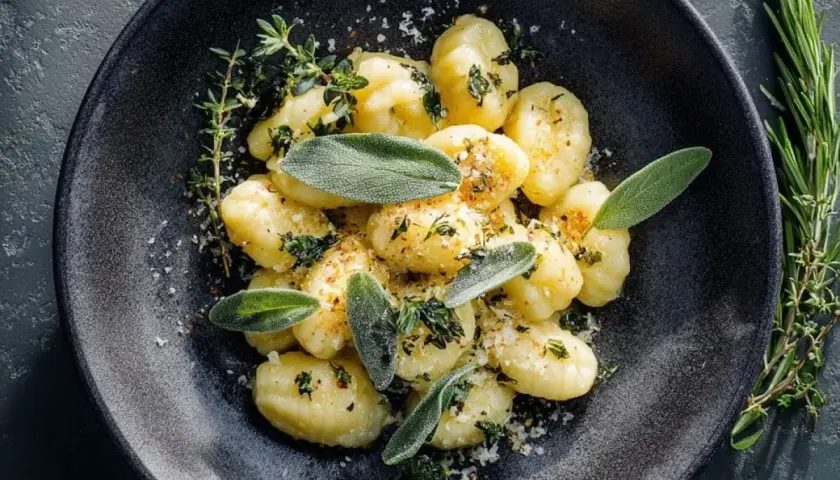 Gnocchi mit Salbeibutter, garniert mit frischen Kräutern und Parmesan. Ein köstliches Gericht, das nach Italien schmeckt.