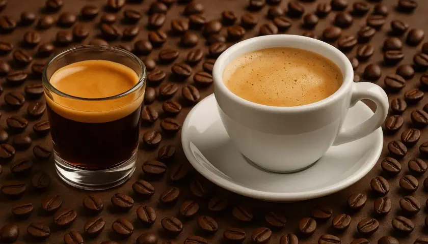Ein Glas Espresso und eine Tasse mit cremigem café crema, umgeben von gerösteten Kaffeebohnen.