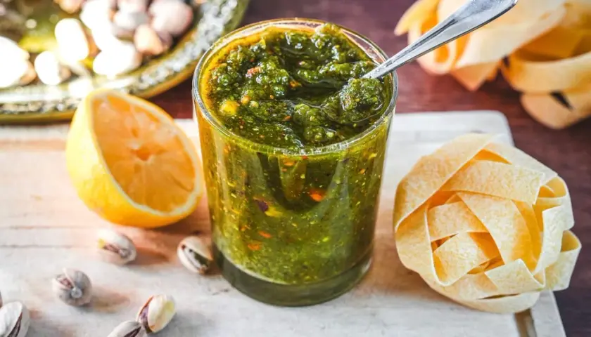 Ein Glas mit leuchtend grünem Pistazien Pesto, daneben eine Zitronenhälfte, einige Pistazien und eine Nudelrolle.