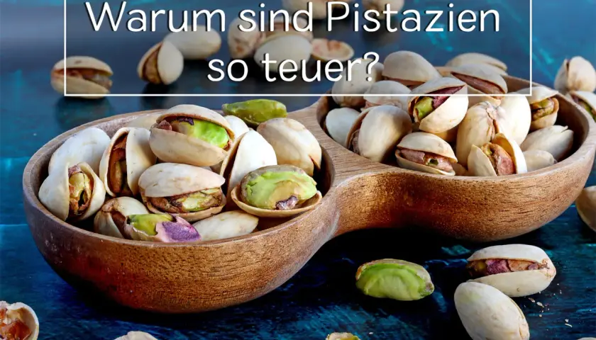 Ein Holzlöffel voller Pistazien fragt: "Warum sind Pistazien so teuer?" Die grünen Kerne sind ein Genuss, aber ihre Ernte ist aufwendig.