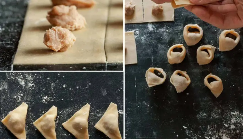 Schritt-für-Schritt-Anleitung zur Herstellung von Tortellini in Brodo: Teig mit Füllung, Formen und fertige Teigtaschen.