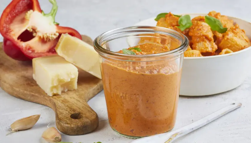 Ein Glas mit leuchtend rotem Paprika-Pesto steht neben einer Schüssel Pasta. Auf einem Holzbrett liegen eine halbe rote Paprika, Parmesankäse, Knoblauch und Basilikum.