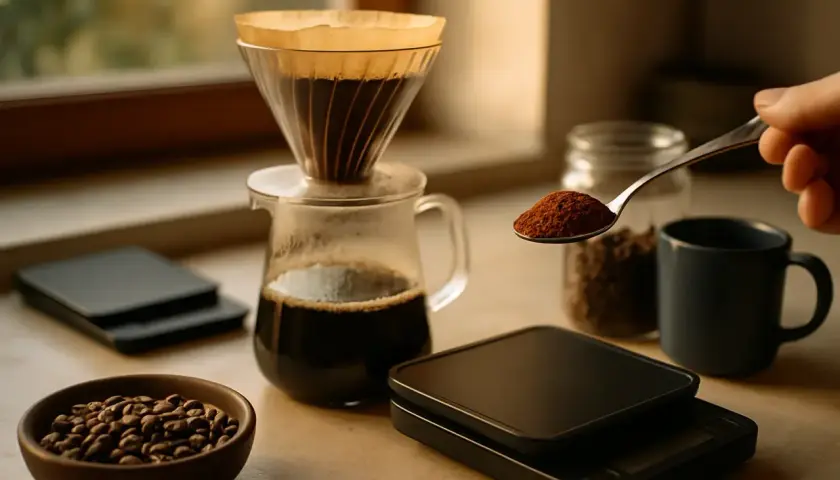 Eine Hand hält einen Löffel mit gemahlenem Kaffee, bereit für die Zubereitung von Filterkaffee. Daneben stehen Kaffeebohnen, eine Kanne mit gebrühtem Kaffee und eine Tasse.